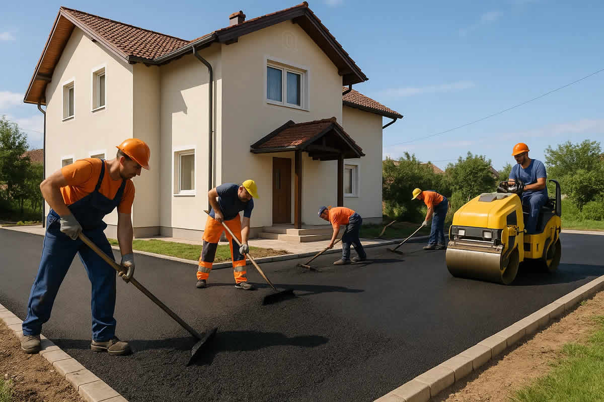 cijena asfalta m2 koliko košta asfaltiranje bih srbija hrvatska bitumen rubnjaci valjak drenaža dvorište radnici