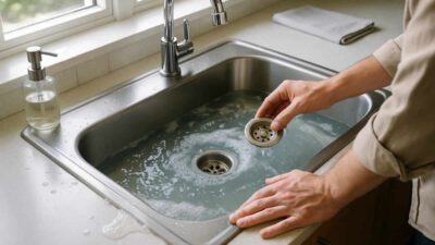 začepljen sudoper brzo odčepiti spriječiti problem ocat soda bikarbona vrela voda majstor deterdžent hrana hemikalije vodoinstalater masnoća sifon česma