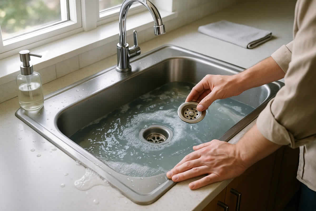 začepljen sudoper brzo odčepiti spriječiti problem ocat soda bikarbona vrela voda majstor deterdžent hrana hemikalije vodoinstalater masnoća sifon česma