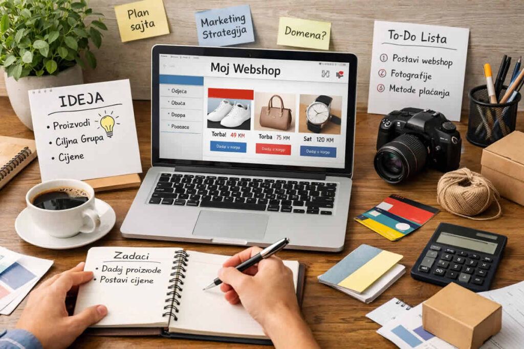 kako napraviti webshop kompletan vodič ideja prva prodaja laptop stickeri kafa kamera cvijeće