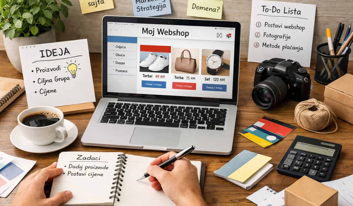 kako napraviti webshop kompletan vodič ideja prva prodaja laptop stickeri kafa kamera cvijeće